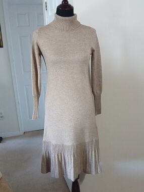 Beige Turtleneck Knit Dress - Classic Sweater Dress